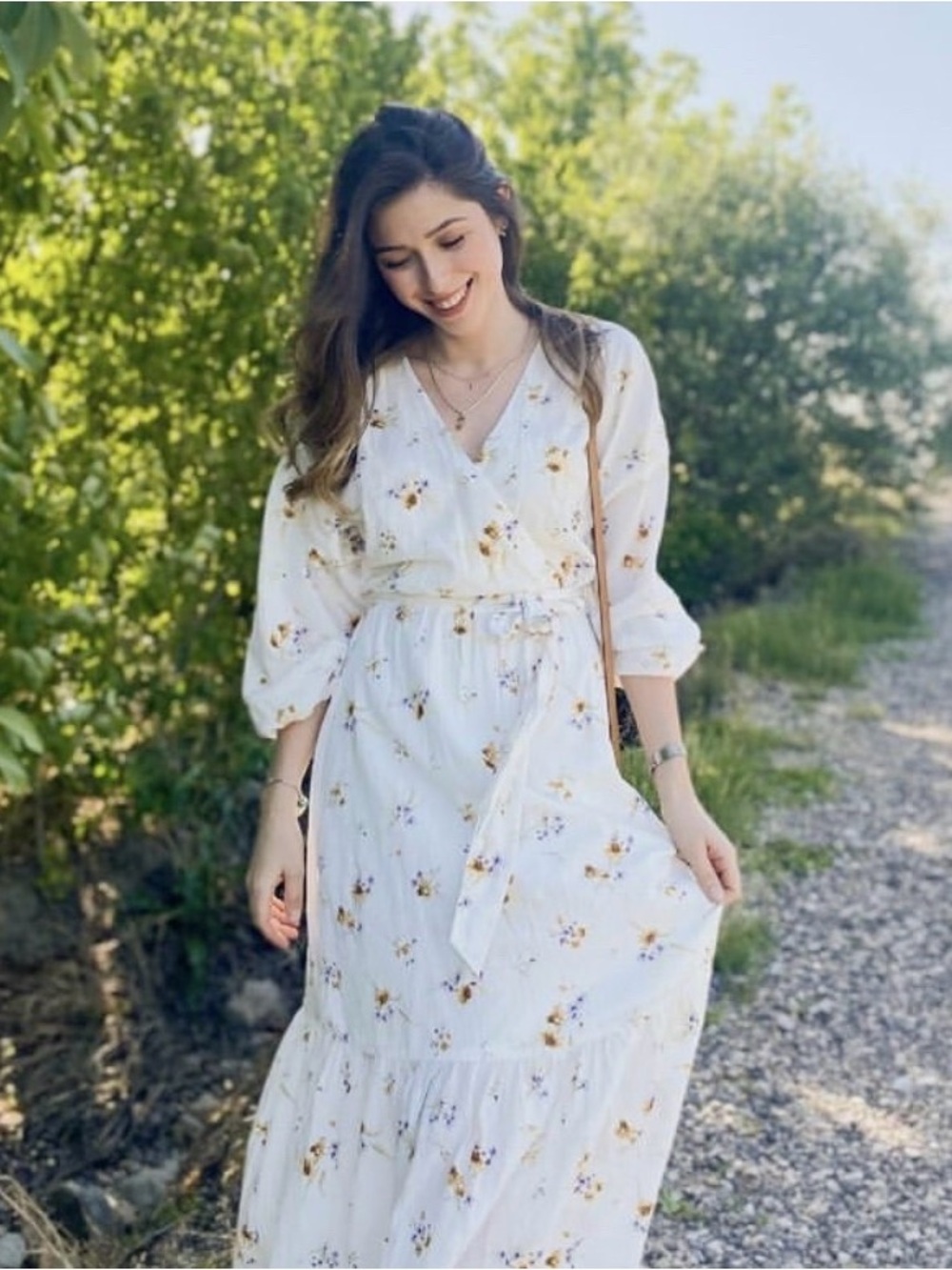 H&M White Floral Wrap Dress with Yellow Accent Flowers